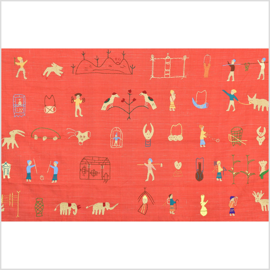 Tomato red cotton story quilt Naga tribal textile ethnic embroidered boho fabric Burma hill tribe tapestry Thailand India Hmong II147