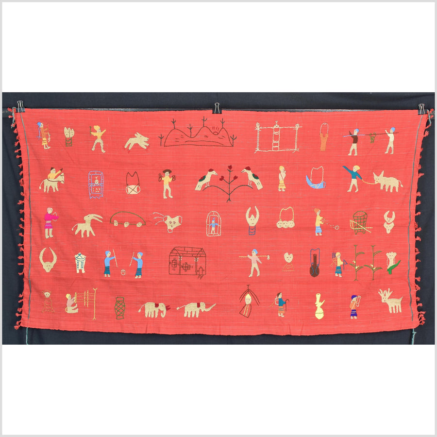 Tomato red cotton story quilt Naga tribal textile ethnic embroidered boho fabric Burma hill tribe tapestry Thailand India Hmong II147