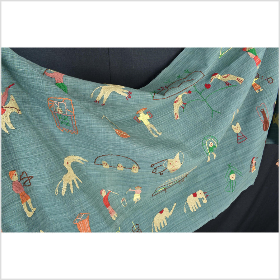 Mint green cotton story quilt Naga tribal textile ethnic embroidered boho fabric Burma hill tribe tapestry Thailand India Hmong II148