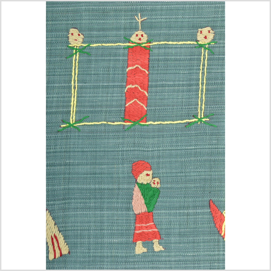 Mint green cotton story quilt Naga tribal textile ethnic embroidered boho fabric Burma hill tribe tapestry Thailand India Hmong II148