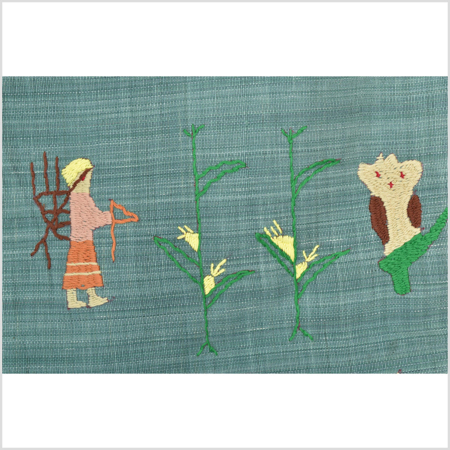 Mint green cotton story quilt Naga tribal textile ethnic embroidered boho fabric Burma hill tribe tapestry Thailand India Hmong II148