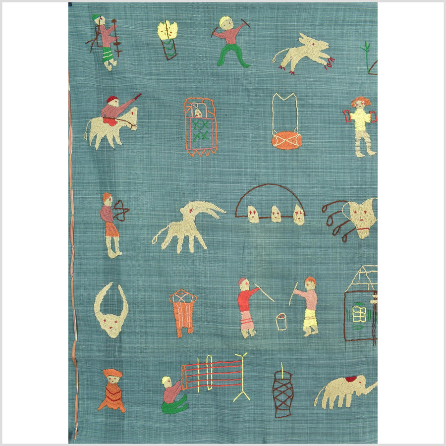Mint green cotton story quilt Naga tribal textile ethnic embroidered boho fabric Burma hill tribe tapestry Thailand India Hmong II148