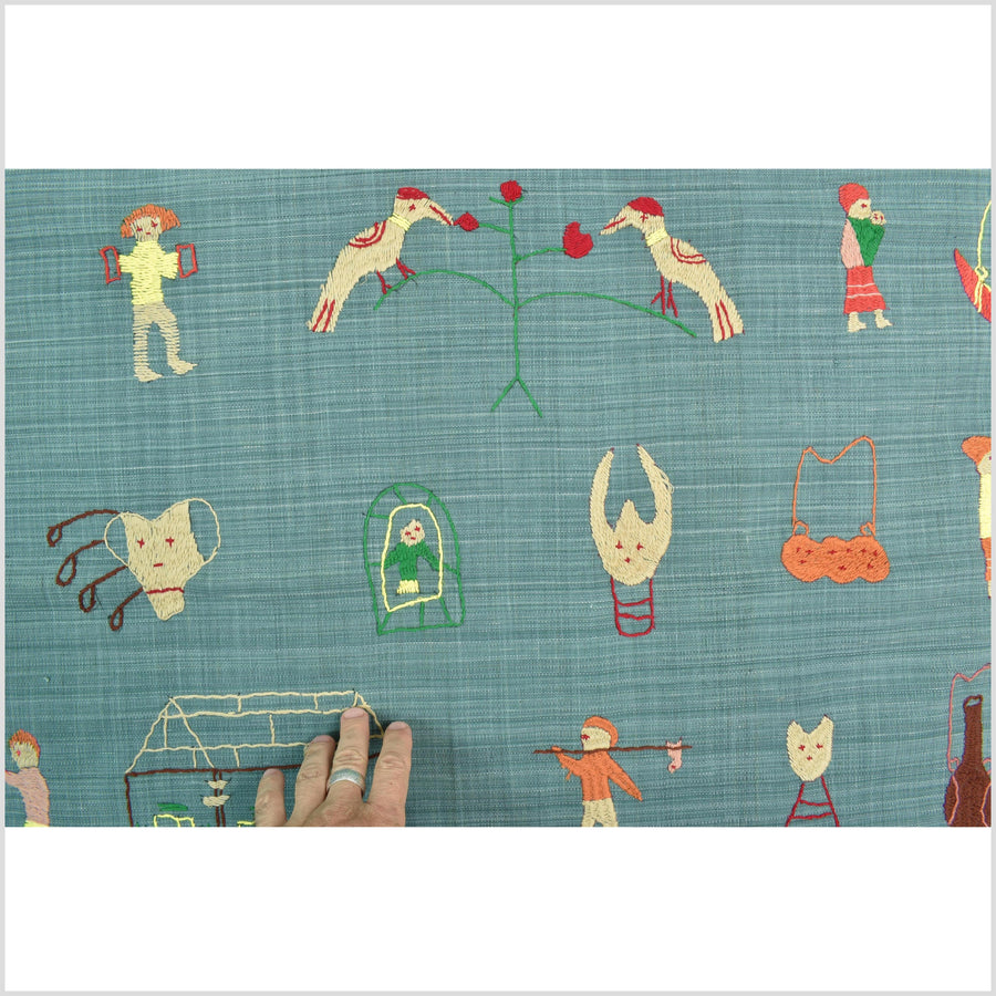 Mint green cotton story quilt Naga tribal textile ethnic embroidered boho fabric Burma hill tribe tapestry Thailand India Hmong II148
