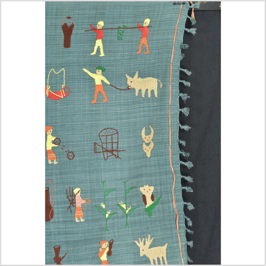 Mint green cotton story quilt Naga tribal textile ethnic embroidered boho fabric Burma hill tribe tapestry Thailand India Hmong II148