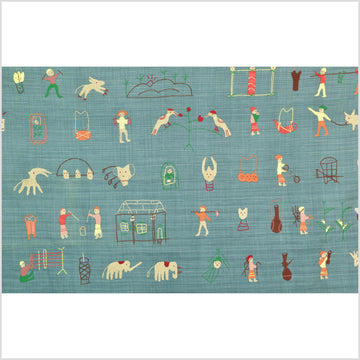 Mint green cotton story quilt Naga tribal textile ethnic embroidered boho fabric Burma hill tribe tapestry Thailand India Hmong II148