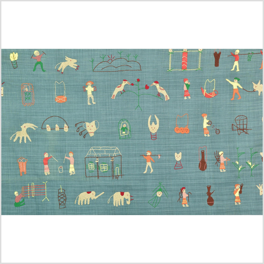 Mint green cotton story quilt Naga tribal textile ethnic embroidered boho fabric Burma hill tribe tapestry Thailand India Hmong II148