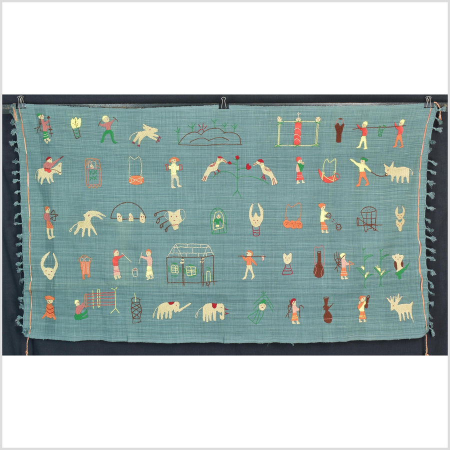 Mint green cotton story quilt Naga tribal textile ethnic embroidered boho fabric Burma hill tribe tapestry Thailand India Hmong II148