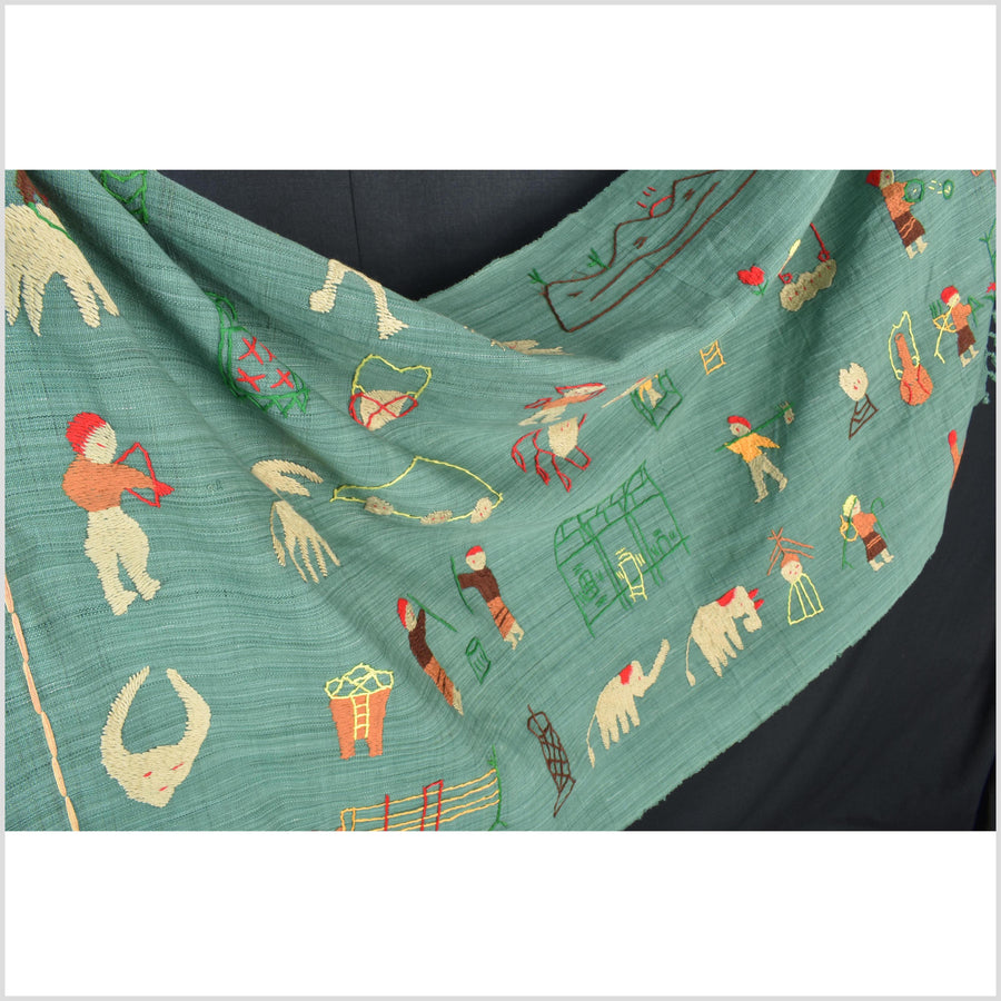 Mint green cotton story quilt Naga tribal textile ethnic embroidered boho fabric Burma hill tribe tapestry Thailand India Hmong II149