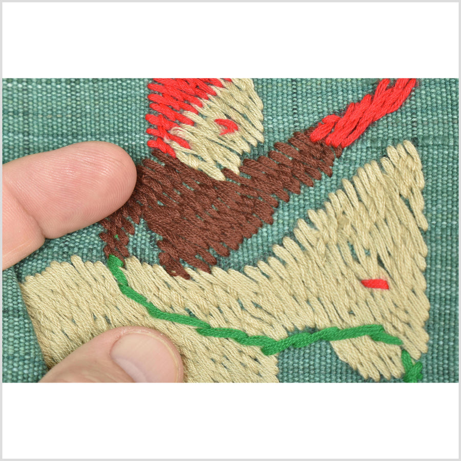 Mint green cotton story quilt Naga tribal textile ethnic embroidered boho fabric Burma hill tribe tapestry Thailand India Hmong II149