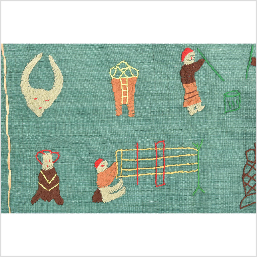 Mint green cotton story quilt Naga tribal textile ethnic embroidered boho fabric Burma hill tribe tapestry Thailand India Hmong II149