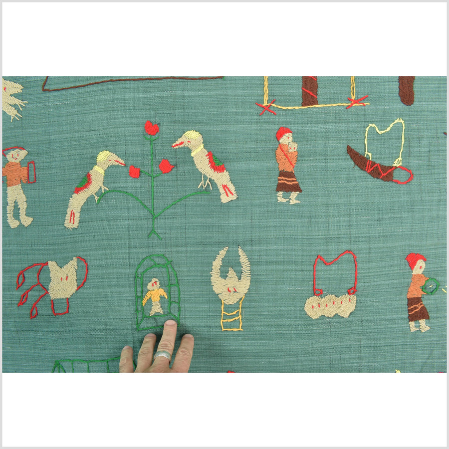 Mint green cotton story quilt Naga tribal textile ethnic embroidered boho fabric Burma hill tribe tapestry Thailand India Hmong II149