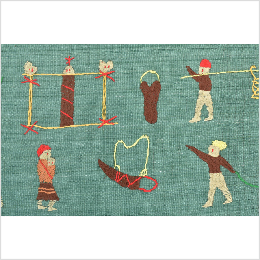 Mint green cotton story quilt Naga tribal textile ethnic embroidered boho fabric Burma hill tribe tapestry Thailand India Hmong II149