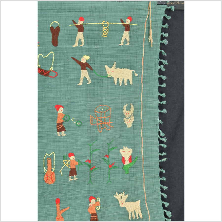 Mint green cotton story quilt Naga tribal textile ethnic embroidered boho fabric Burma hill tribe tapestry Thailand India Hmong II149