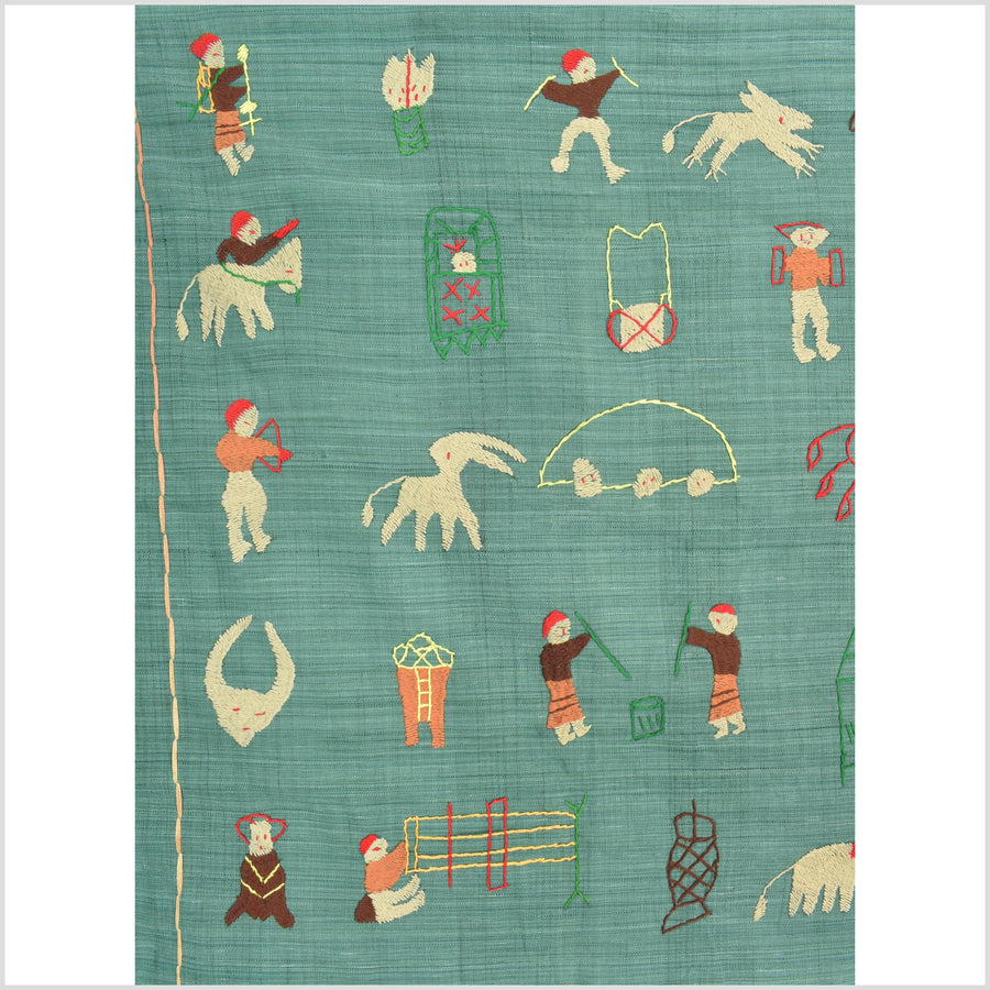 Mint green cotton story quilt Naga tribal textile ethnic embroidered boho fabric Burma hill tribe tapestry Thailand India Hmong II149