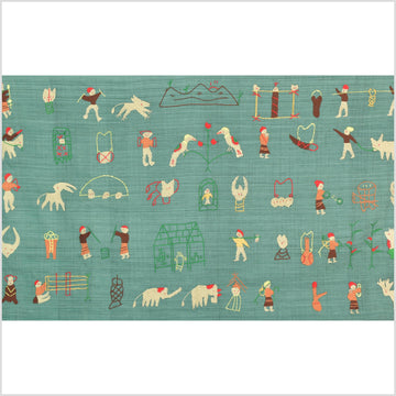 Mint green cotton story quilt Naga tribal textile ethnic embroidered boho fabric Burma hill tribe tapestry Thailand India Hmong II149