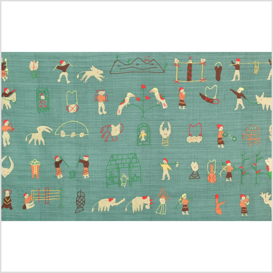 Mint green cotton story quilt Naga tribal textile ethnic embroidered boho fabric Burma hill tribe tapestry Thailand India Hmong II149