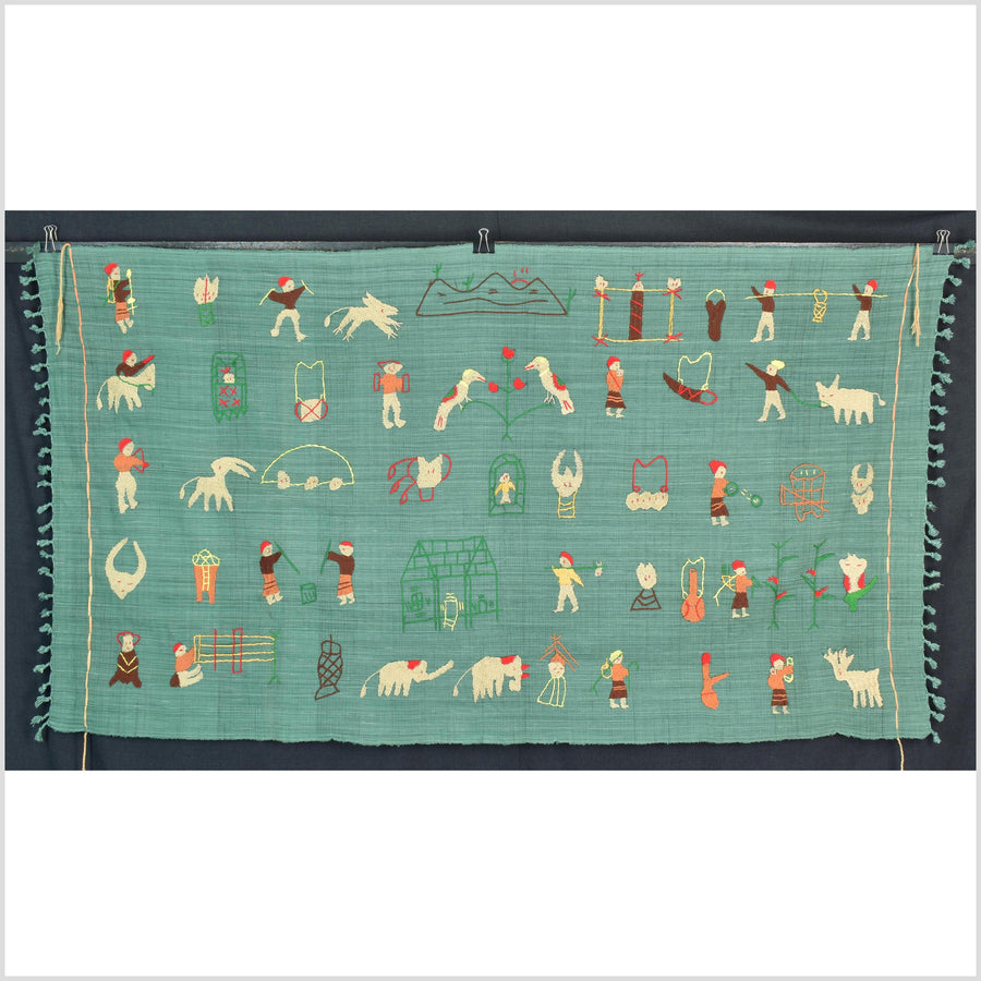 Mint green cotton story quilt Naga tribal textile ethnic embroidered boho fabric Burma hill tribe tapestry Thailand India Hmong II149