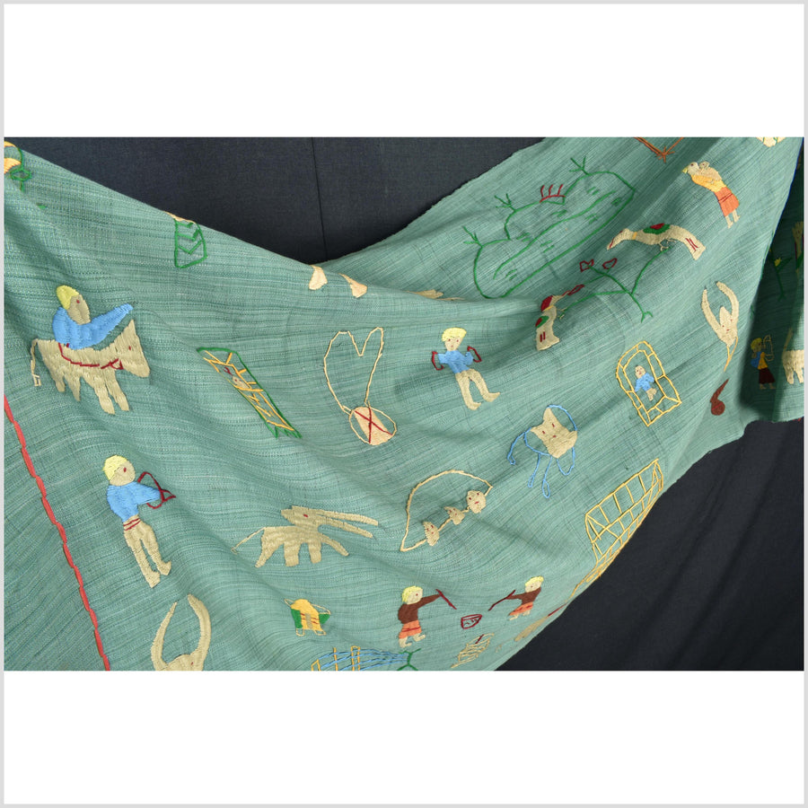 Mint green cotton story quilt Naga tribal textile ethnic embroidered boho fabric Burma hill tribe tapestry Thailand India Hmong II150