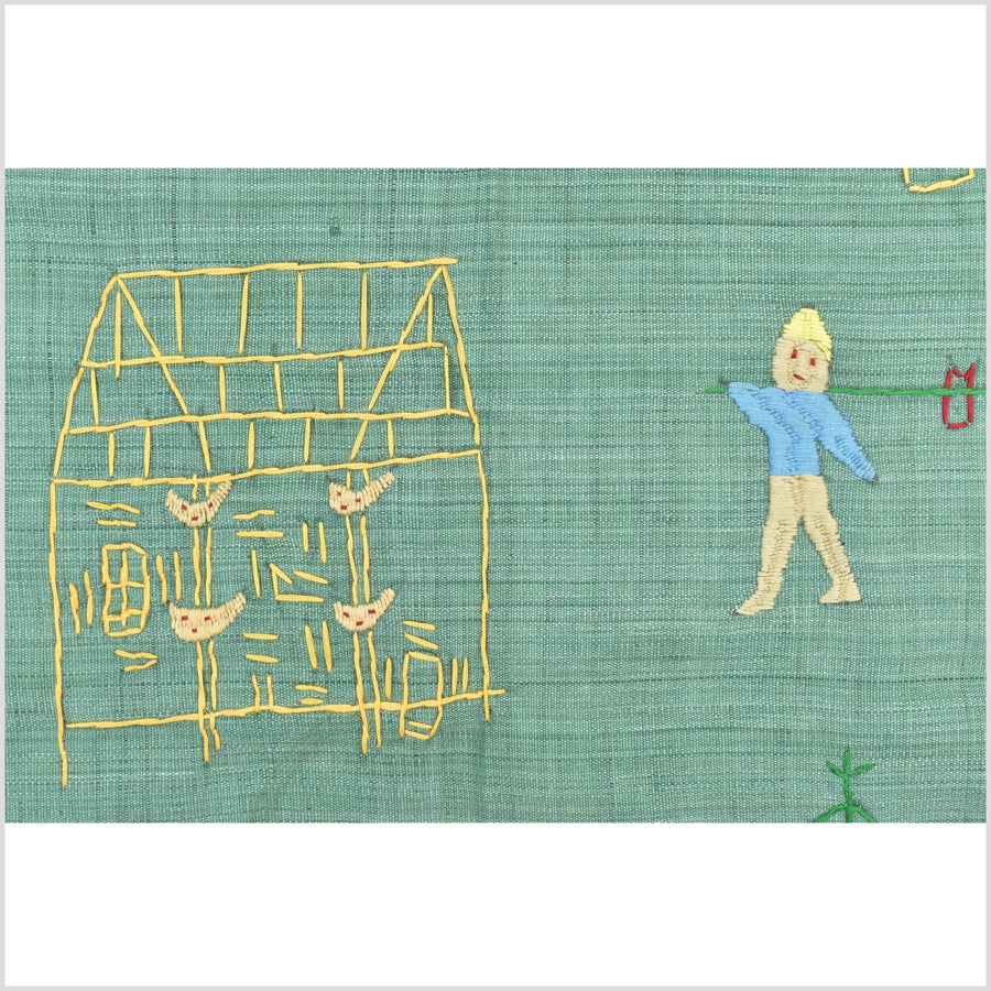 Mint green cotton story quilt Naga tribal textile ethnic embroidered boho fabric Burma hill tribe tapestry Thailand India Hmong II150