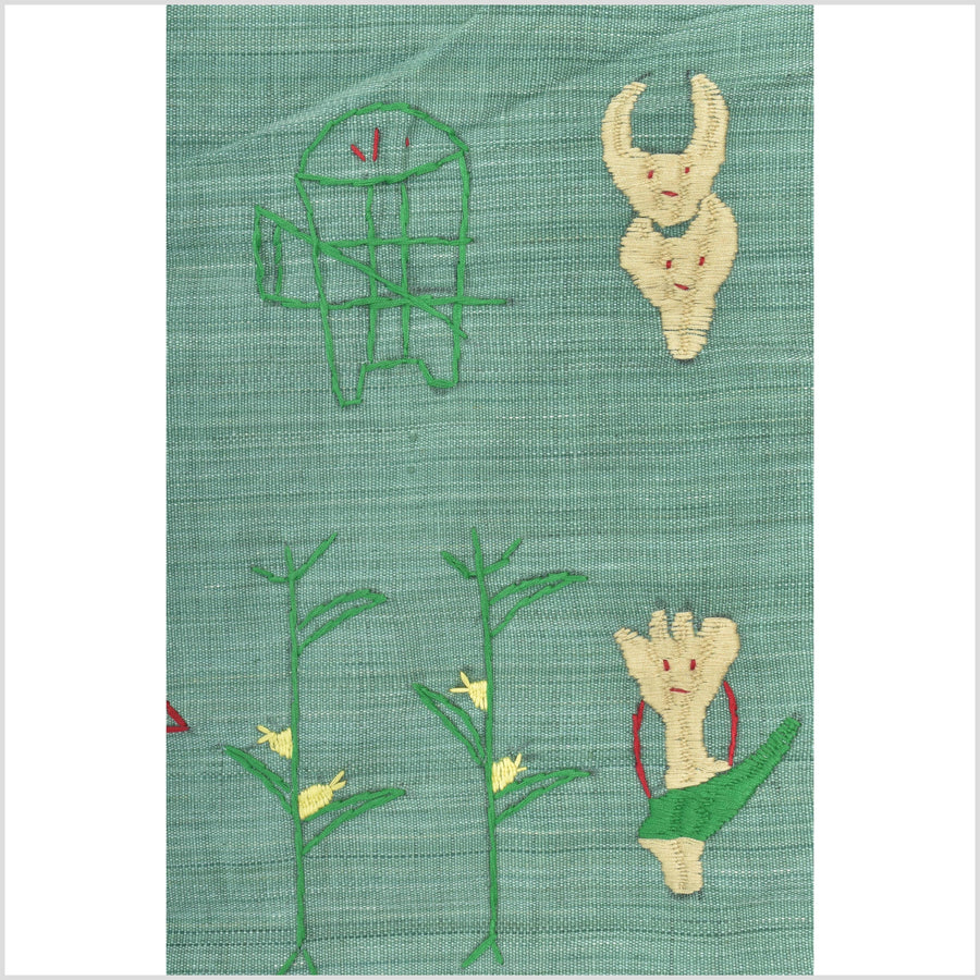 Mint green cotton story quilt Naga tribal textile ethnic embroidered boho fabric Burma hill tribe tapestry Thailand India Hmong II150