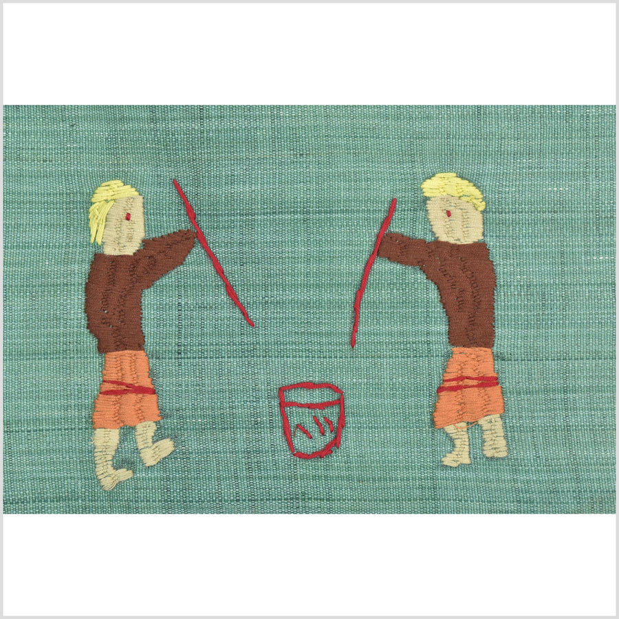 Mint green cotton story quilt Naga tribal textile ethnic embroidered boho fabric Burma hill tribe tapestry Thailand India Hmong II150
