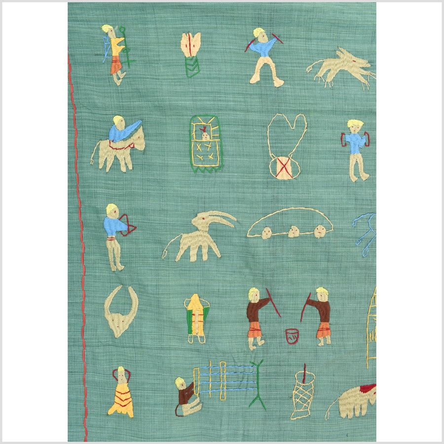 Mint green cotton story quilt Naga tribal textile ethnic embroidered boho fabric Burma hill tribe tapestry Thailand India Hmong II150