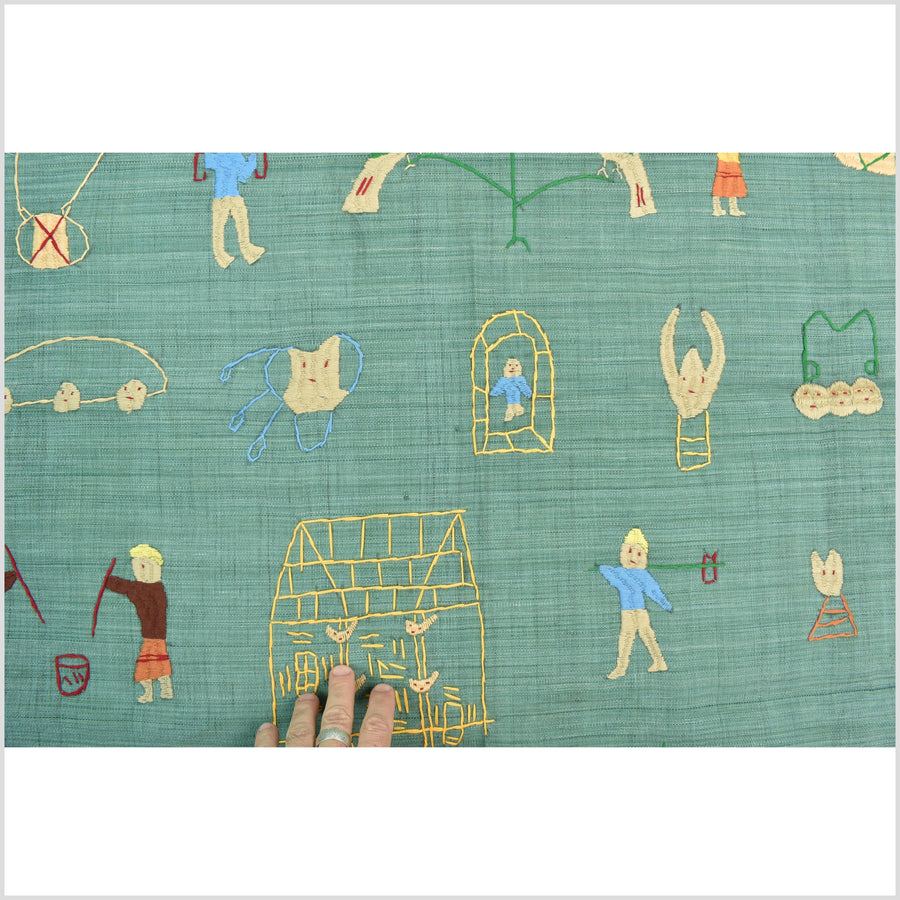 Mint green cotton story quilt Naga tribal textile ethnic embroidered boho fabric Burma hill tribe tapestry Thailand India Hmong II150