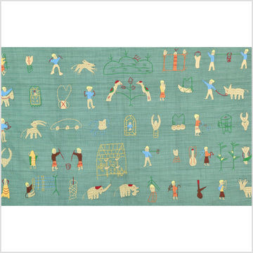 Mint green cotton story quilt Naga tribal textile ethnic embroidered boho fabric Burma hill tribe tapestry Thailand India Hmong II150