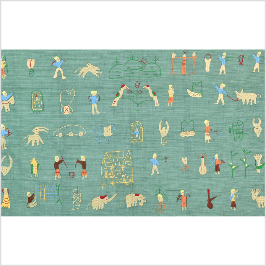 Mint green cotton story quilt Naga tribal textile ethnic embroidered boho fabric Burma hill tribe tapestry Thailand India Hmong II150