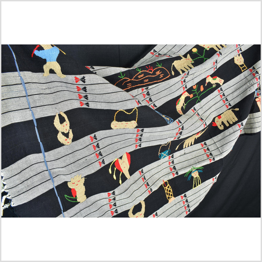 Unusual gray black grid style cotton story quilt Naga tribal textile ethnic embroidered boho fabric Burma hill tribe tapestry Thailand India Hmong II151