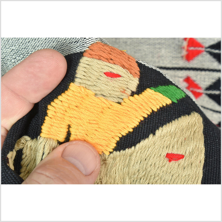Unusual gray black grid style cotton story quilt Naga tribal textile ethnic embroidered boho fabric Burma hill tribe tapestry Thailand India Hmong II151