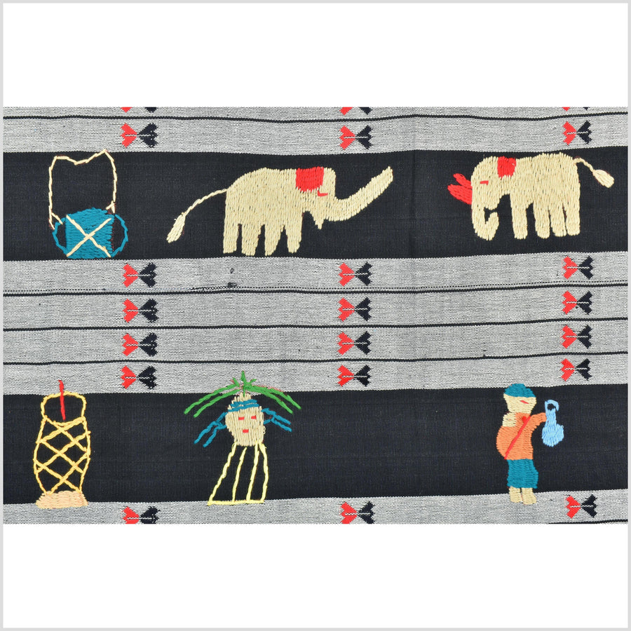 Unusual gray black grid style cotton story quilt Naga tribal textile ethnic embroidered boho fabric Burma hill tribe tapestry Thailand India Hmong II151
