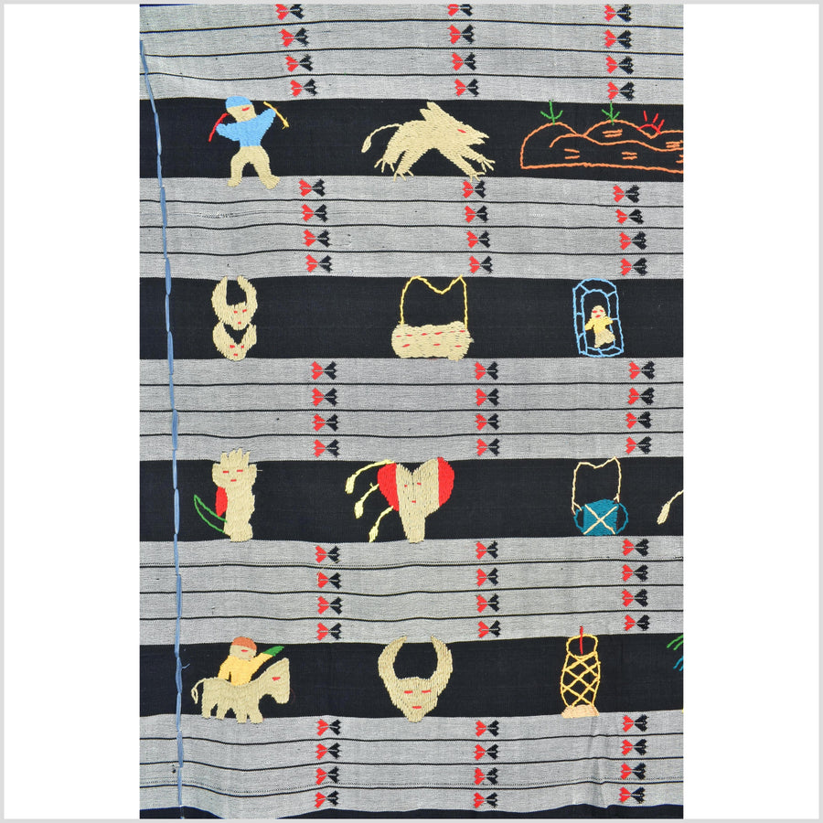 Unusual gray black grid style cotton story quilt Naga tribal textile ethnic embroidered boho fabric Burma hill tribe tapestry Thailand India Hmong II151