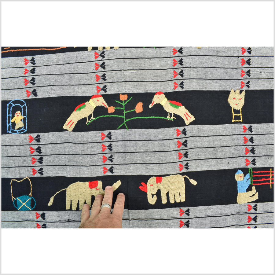 Unusual gray black grid style cotton story quilt Naga tribal textile ethnic embroidered boho fabric Burma hill tribe tapestry Thailand India Hmong II151