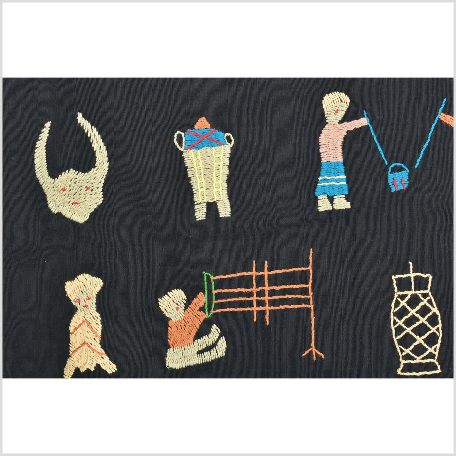 Pitch black cotton story quilt Naga tribal textile ethnic embroidered boho fabric Burma hill tribe tapestry Thailand India Hmong II152