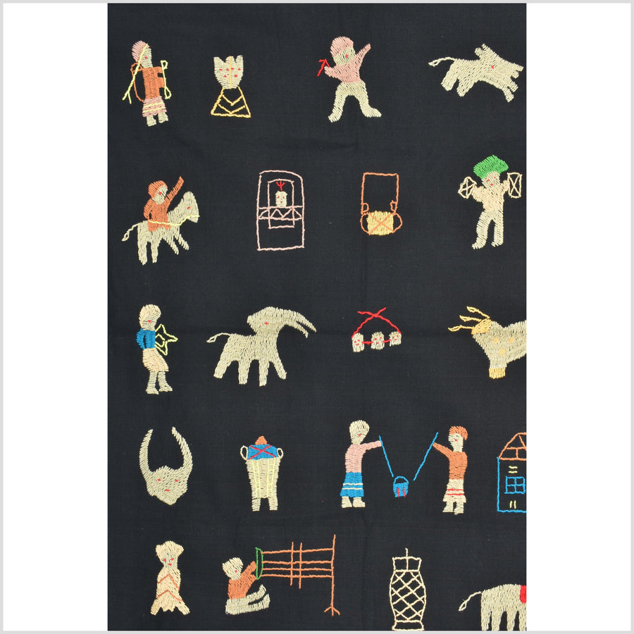 Pitch black cotton story quilt Naga tribal textile ethnic embroidered boho fabric Burma hill tribe tapestry Thailand India Hmong II152