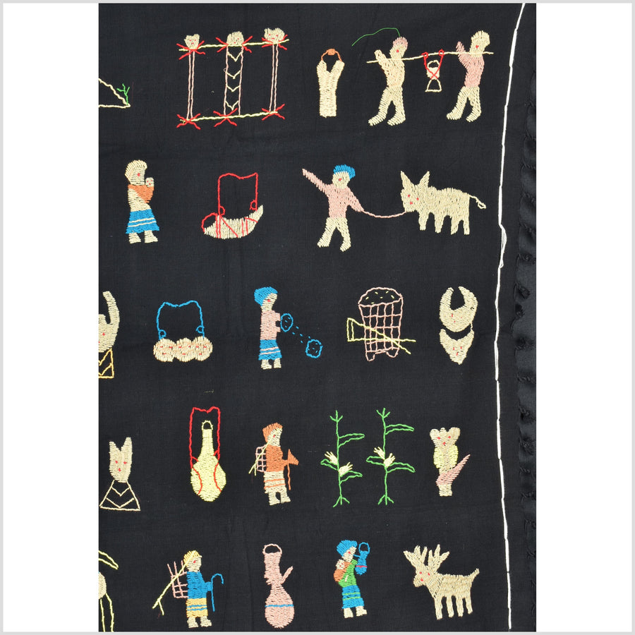 Pitch black cotton story quilt Naga tribal textile ethnic embroidered boho fabric Burma hill tribe tapestry Thailand India Hmong II152