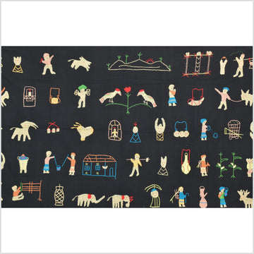 Pitch black cotton story quilt Naga tribal textile ethnic embroidered boho fabric Burma hill tribe tapestry Thailand India Hmong II152