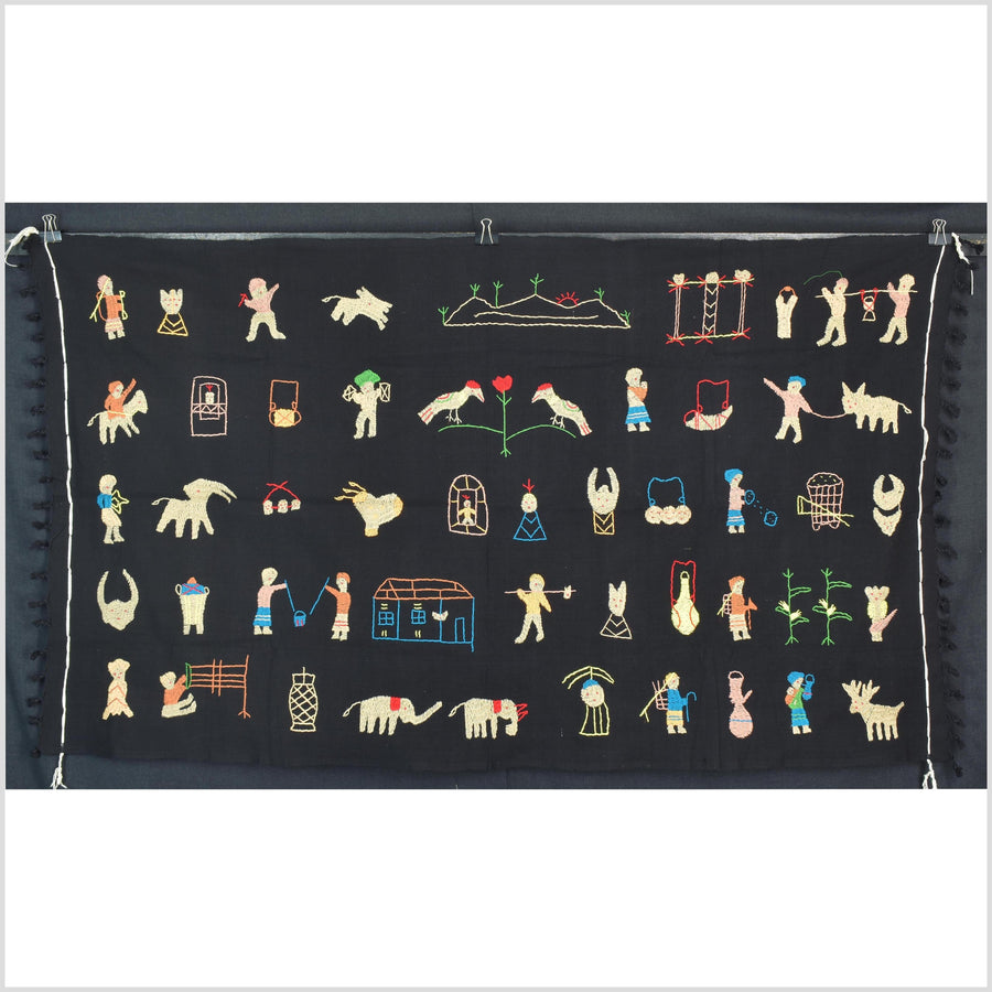 Pitch black cotton story quilt Naga tribal textile ethnic embroidered boho fabric Burma hill tribe tapestry Thailand India Hmong II152