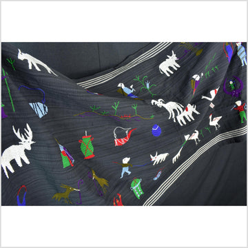 Striking variegated black cotton story quilt Naga tribal textile ethnic embroidered boho fabric Burma hill tribe tapestry Thai India ii153