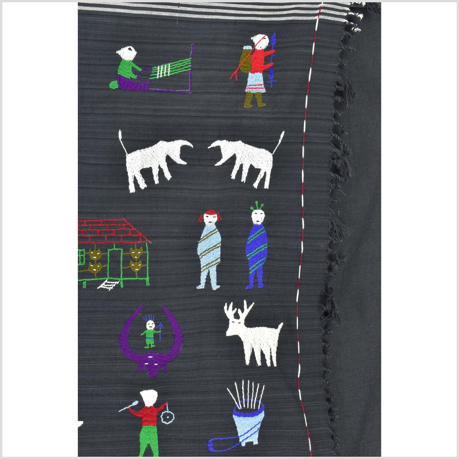 Striking variegated black cotton story quilt Naga tribal textile ethnic embroidered boho fabric Burma hill tribe tapestry Thai India ii153