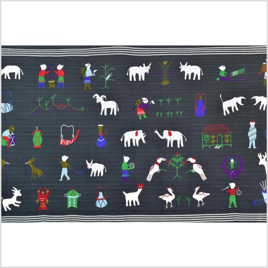 Striking variegated black cotton story quilt Naga tribal textile ethnic embroidered boho fabric Burma hill tribe tapestry Thai India ii153