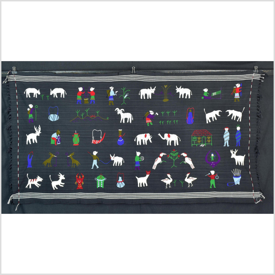 Striking variegated black cotton story quilt Naga tribal textile ethnic embroidered boho fabric Burma hill tribe tapestry Thai India ii153