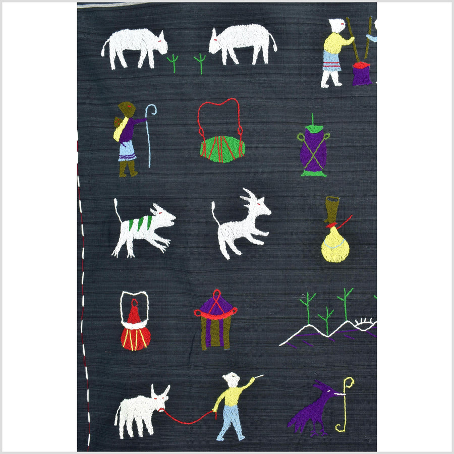 Striking variegated black cotton story quilt Naga tribal textile ethnic embroidered boho fabric Burma hill tribe tapestry Thai India ii154