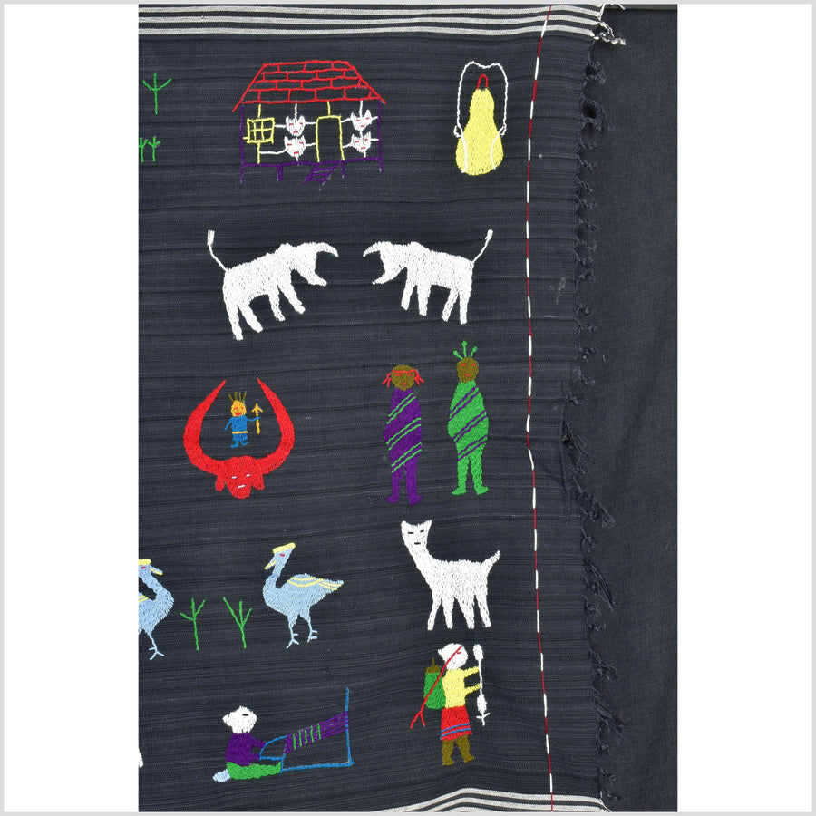 Striking variegated black cotton story quilt Naga tribal textile ethnic embroidered boho fabric Burma hill tribe tapestry Thai India ii154