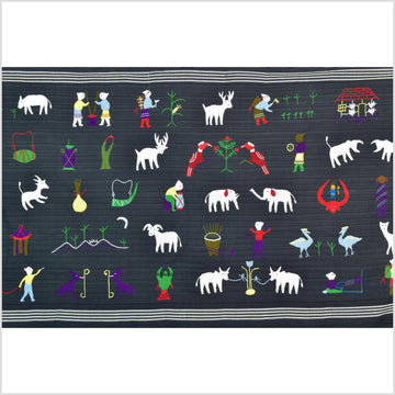 Striking variegated black cotton story quilt Naga tribal textile ethnic embroidered boho fabric Burma hill tribe tapestry Thai India ii154