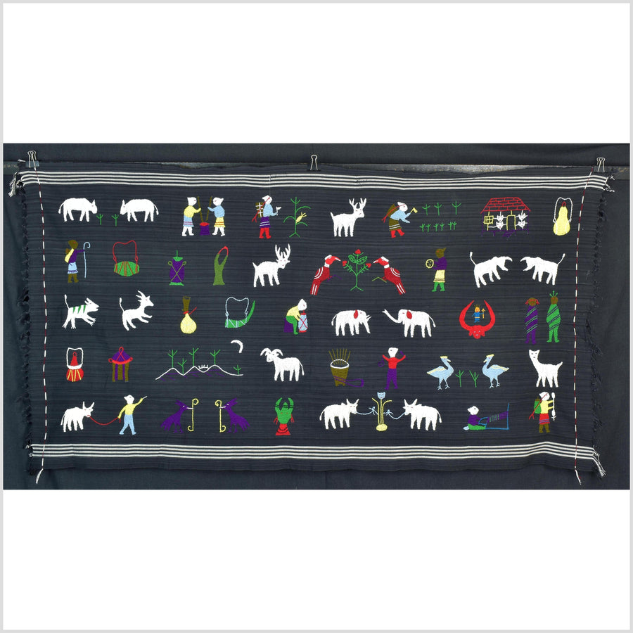 Striking variegated black cotton story quilt Naga tribal textile ethnic embroidered boho fabric Burma hill tribe tapestry Thai India ii154