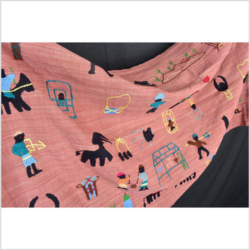 Warm pink cotton story quilt Naga tribal textile ethnic embroidered boho fabric Burma hill tribe tapestry Thailand India Hmong II156