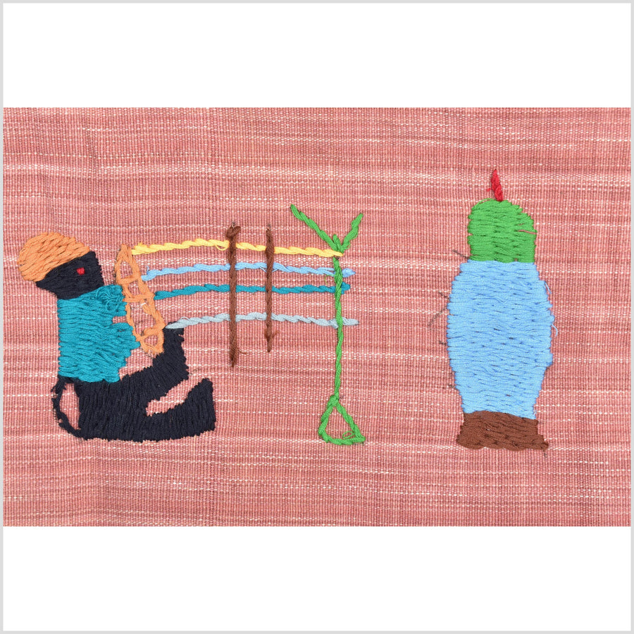 Warm pink cotton story quilt Naga tribal textile ethnic embroidered boho fabric Burma hill tribe tapestry Thailand India Hmong II156