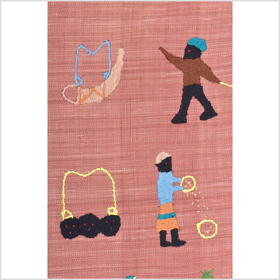 Warm pink cotton story quilt Naga tribal textile ethnic embroidered boho fabric Burma hill tribe tapestry Thailand India Hmong II156